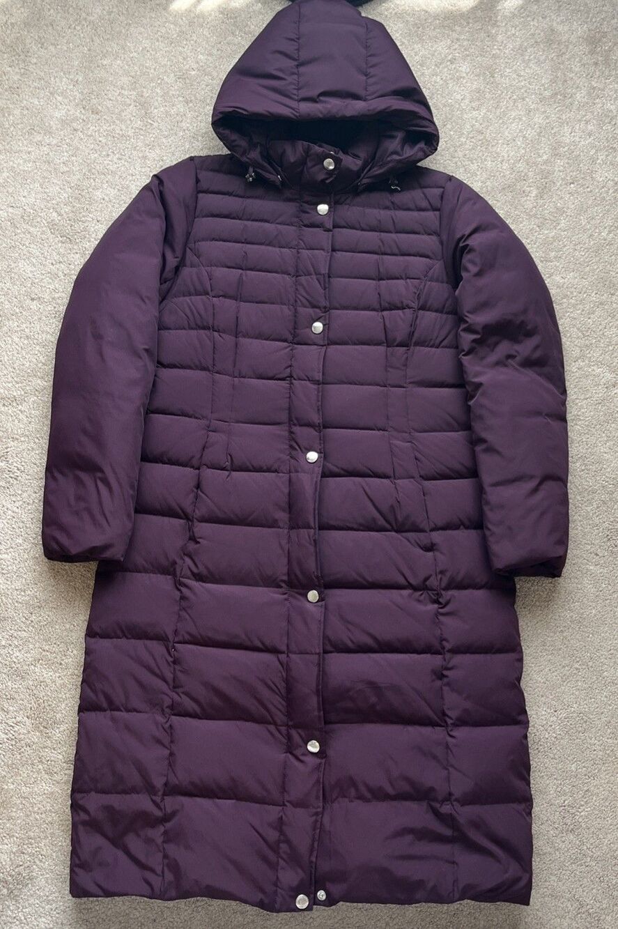 Lands End Down Puffer Coat Womens Medium Purple Hooded Quilted Long Hem Winter